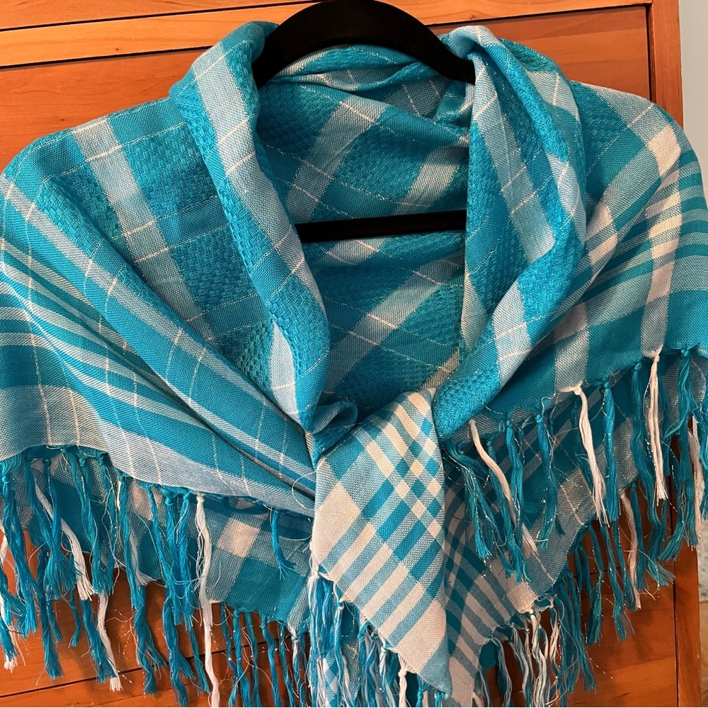 ALDO Square Scarf with Fringe. Aqua Blue, white and Silver Thread.